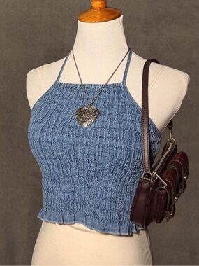 aerie Blue Smocked Halter Crop Top